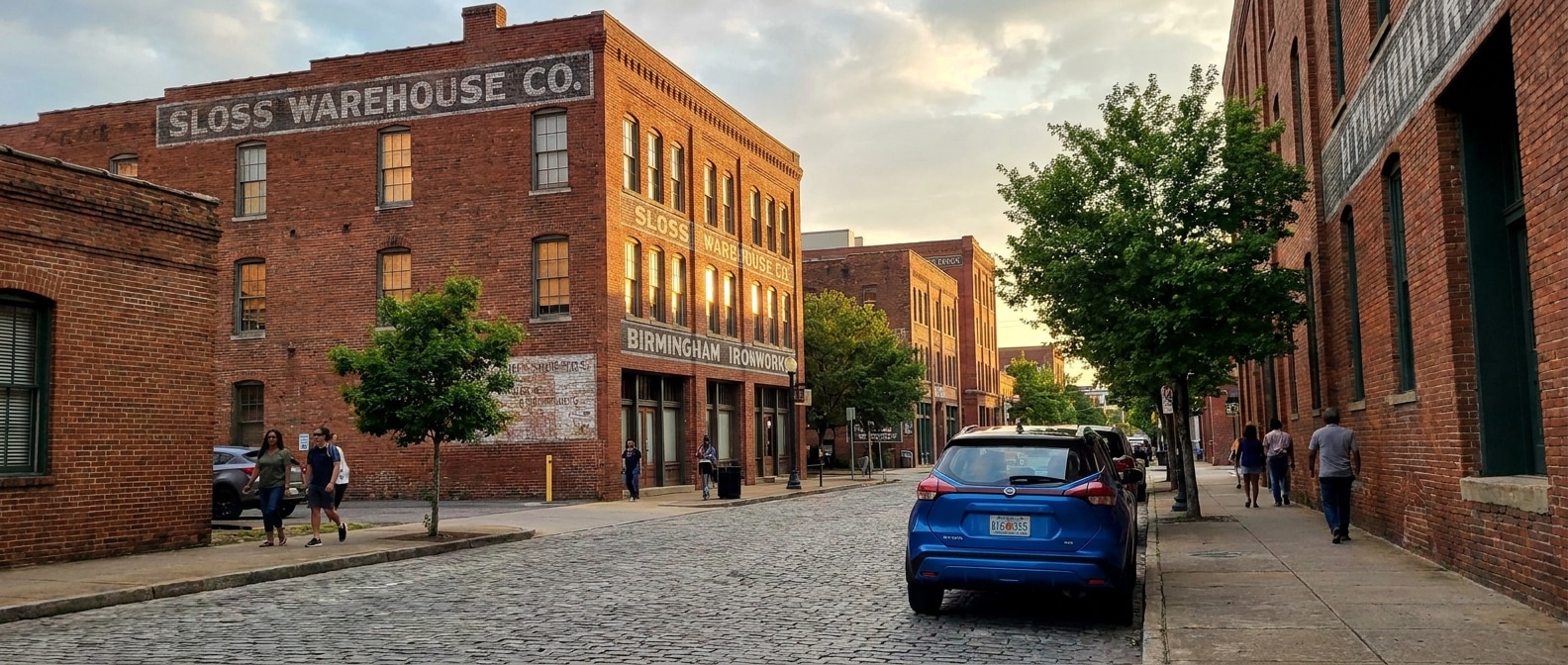 2026 Nissan Kicks parked on a narrow downtown Birmingham street, showing compact urban footprint