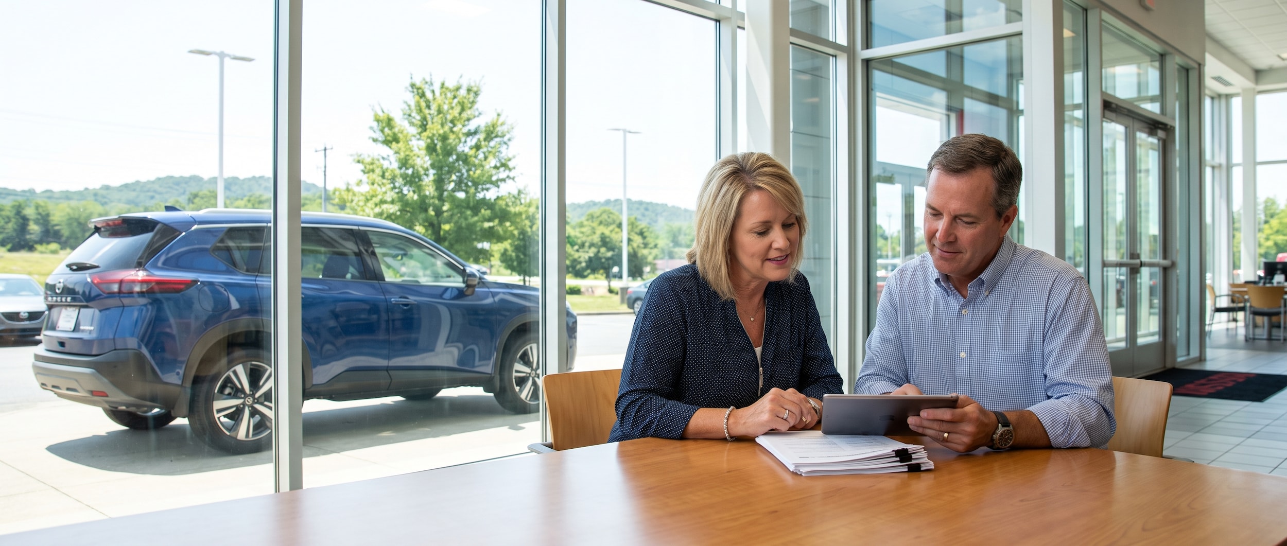 Birmingham couple finalizing a Nissan purchase at a dealership showroom on a bright summer afternoon