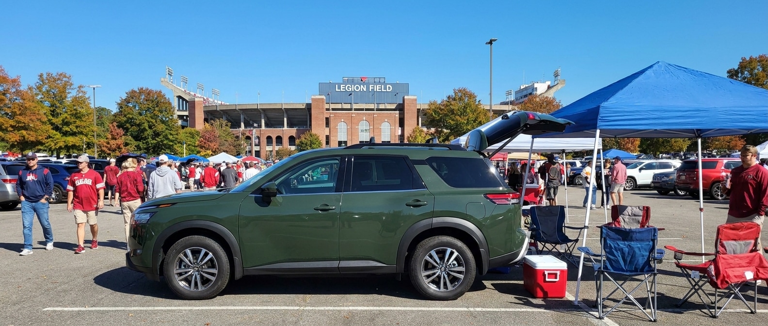 2026 Nissan Pathfinder with liftgate open at a Birmingham, Alabama tailgate lot near Legion Field