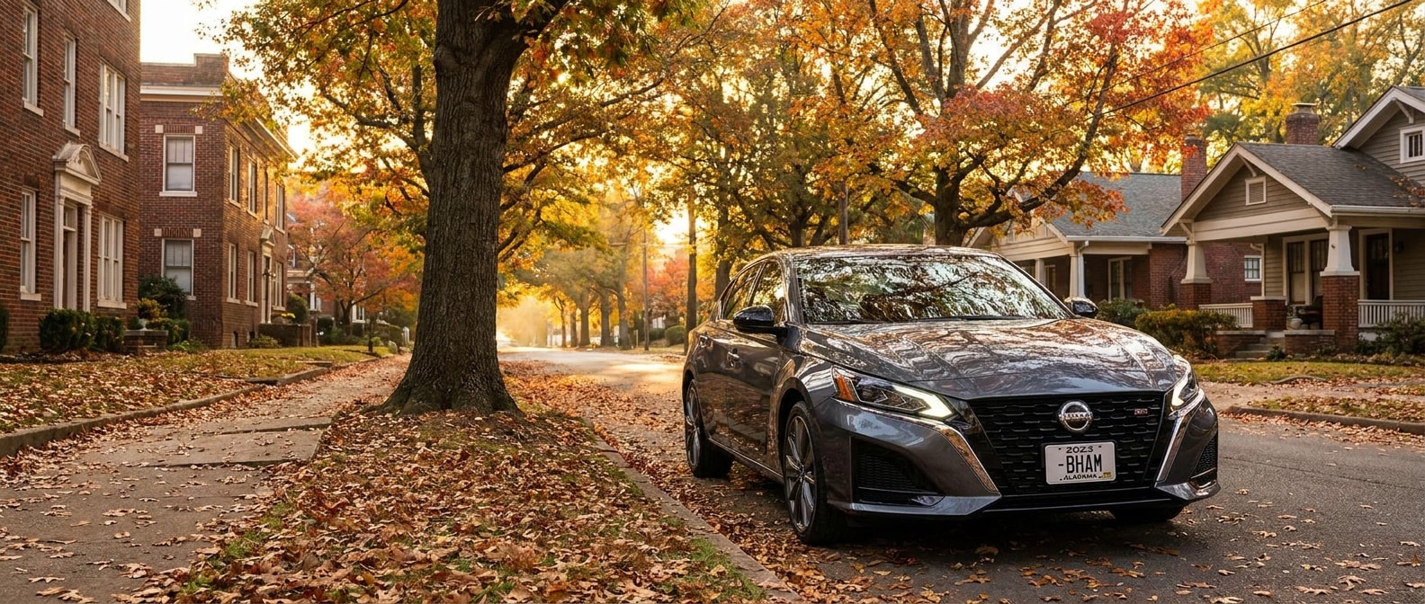 2022 Nissan Altima sedan parked on a Birmingham street in fall, leaves turning in the background