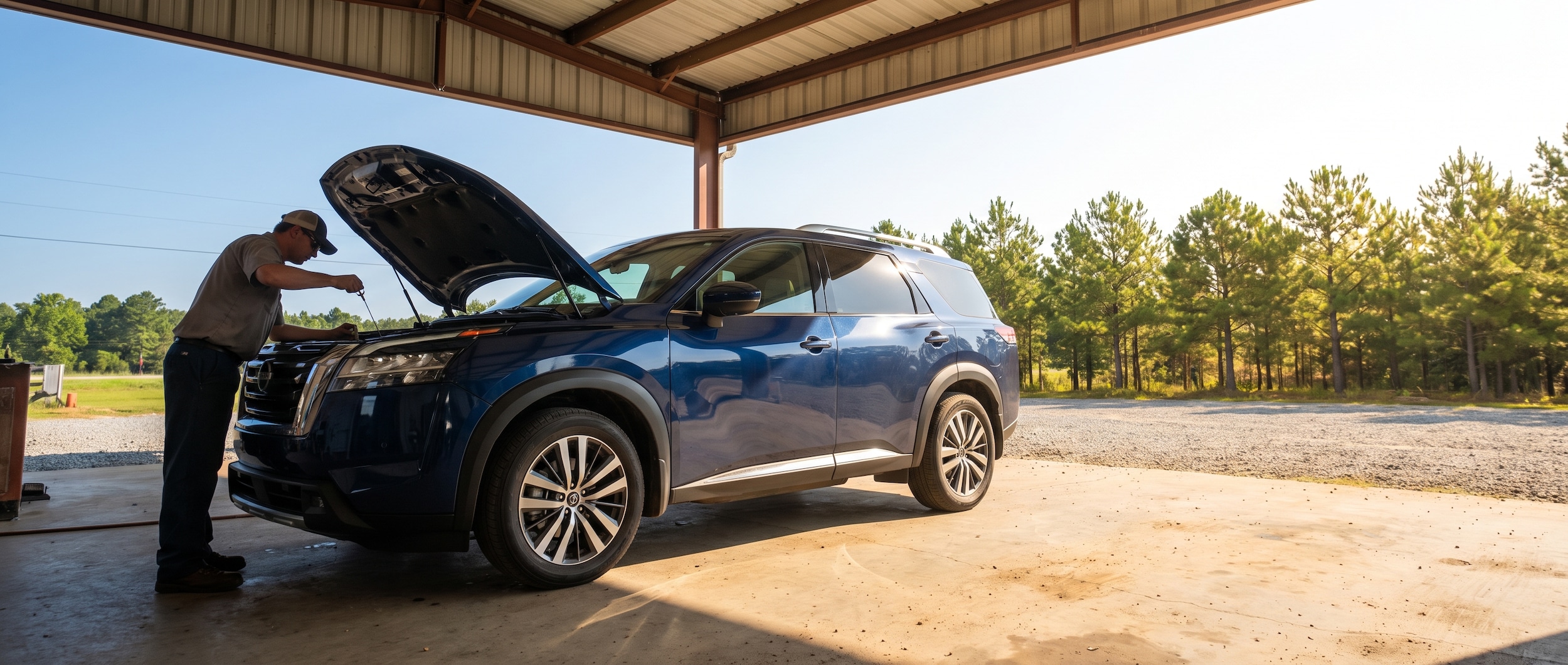 Nissan SUV at a service bay for pre-road-trip summer inspection in Birmingham, AL