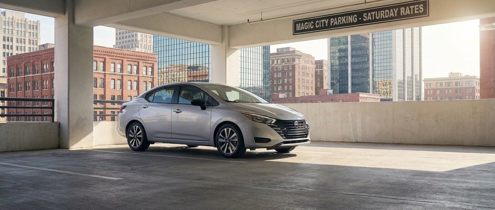 2025 Nissan Versa parked in a downtown Birmingham, AL parking garage on a weekend morning