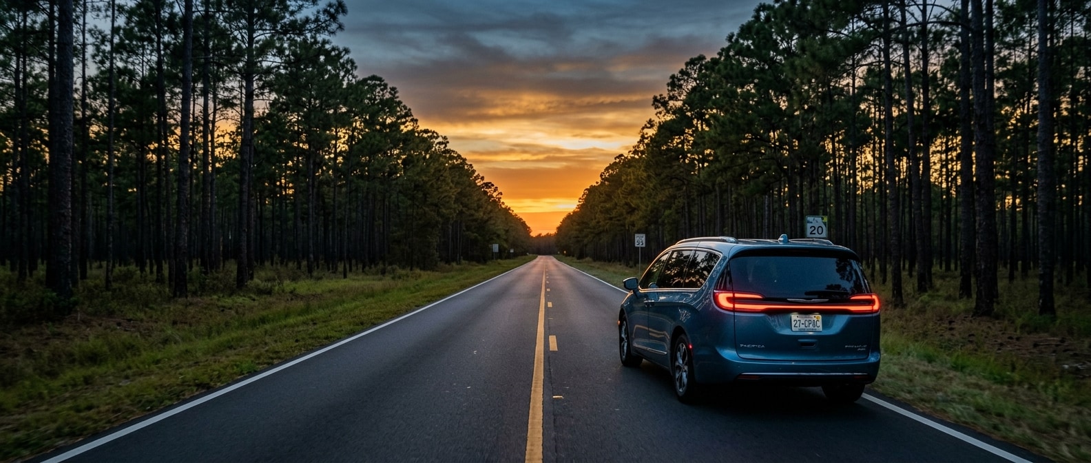 2027 Chrysler Pacifica on a two-lane Florida Panhandle forest highway at dusk in fall