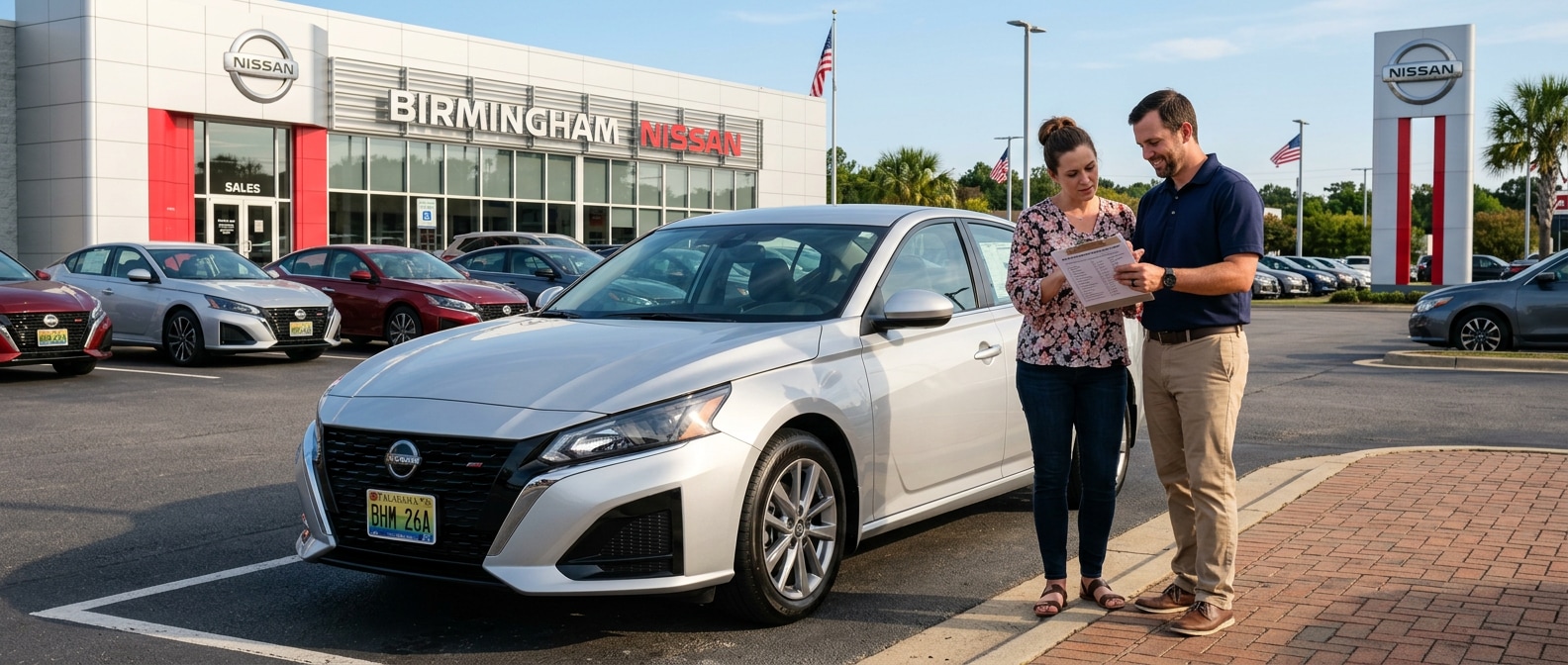 2026 Nissan Altima parked at a Birmingham dealership lot as a couple prepares to buy in late September