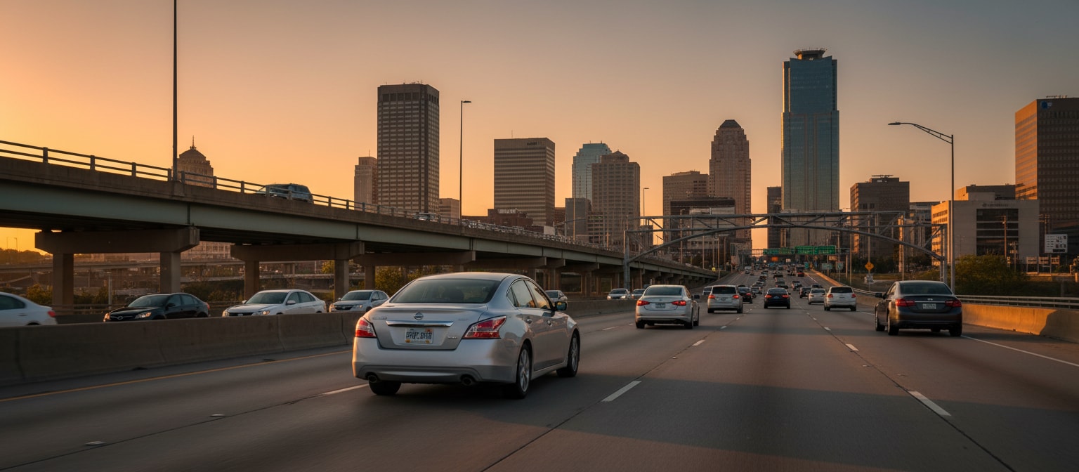 Nissan Altima navigating downtown Birmingham AL streets near I-65 interchange