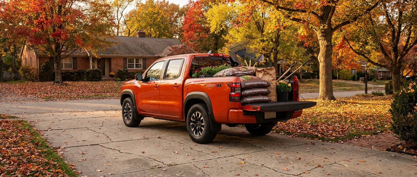 2026 Nissan Frontier Crew Cab with mulch and landscaping supplies in the bed during fall in Hoover, Alabama