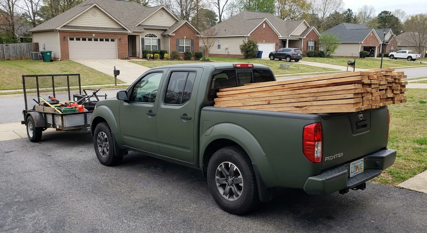 Nissan Frontier towing a utility trailer with lumber in a Trussville residential neighborhood.