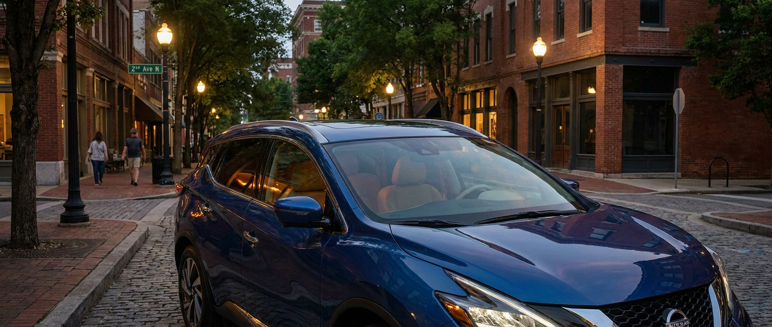 2026 Nissan Murano SL parked on a downtown Birmingham street at dusk with ambient cabin lighting visible through the windows