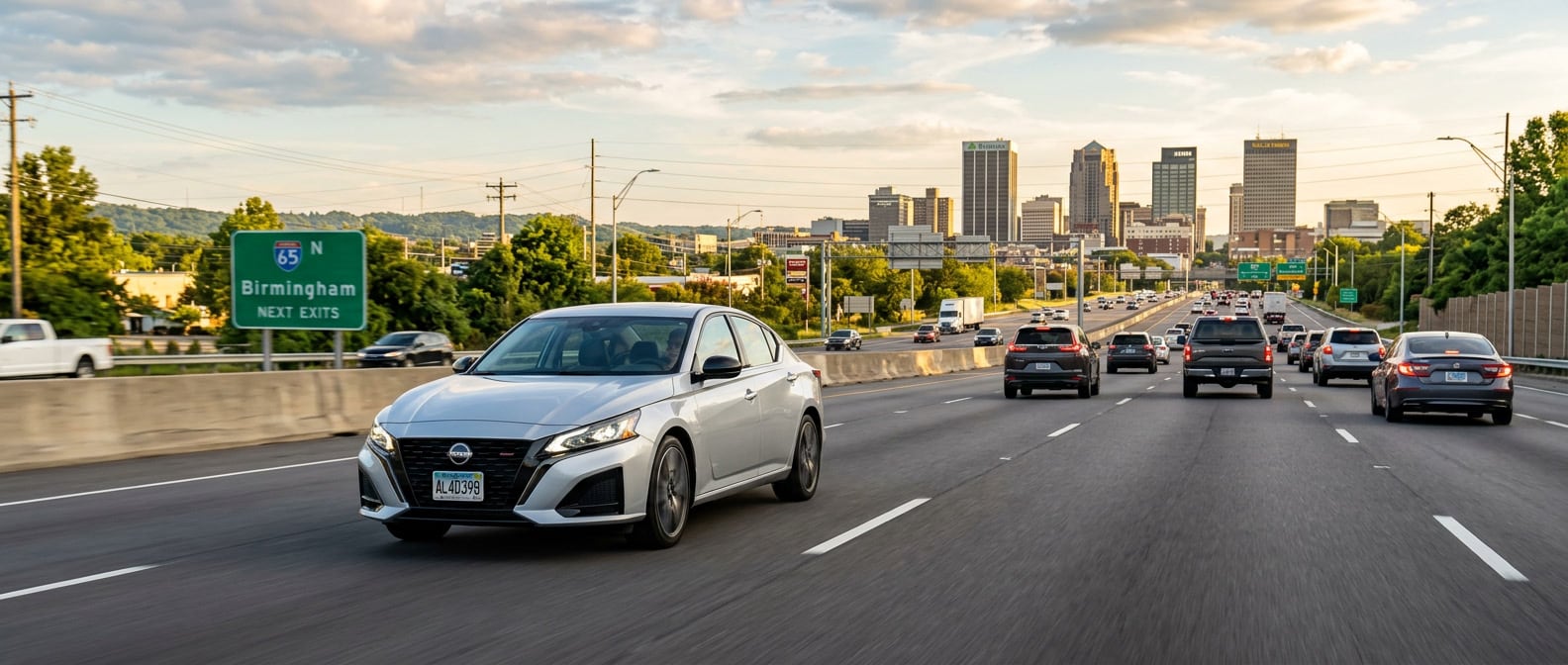 2026 Nissan Altima on I-65 northbound approaching downtown Birmingham Alabama skyline