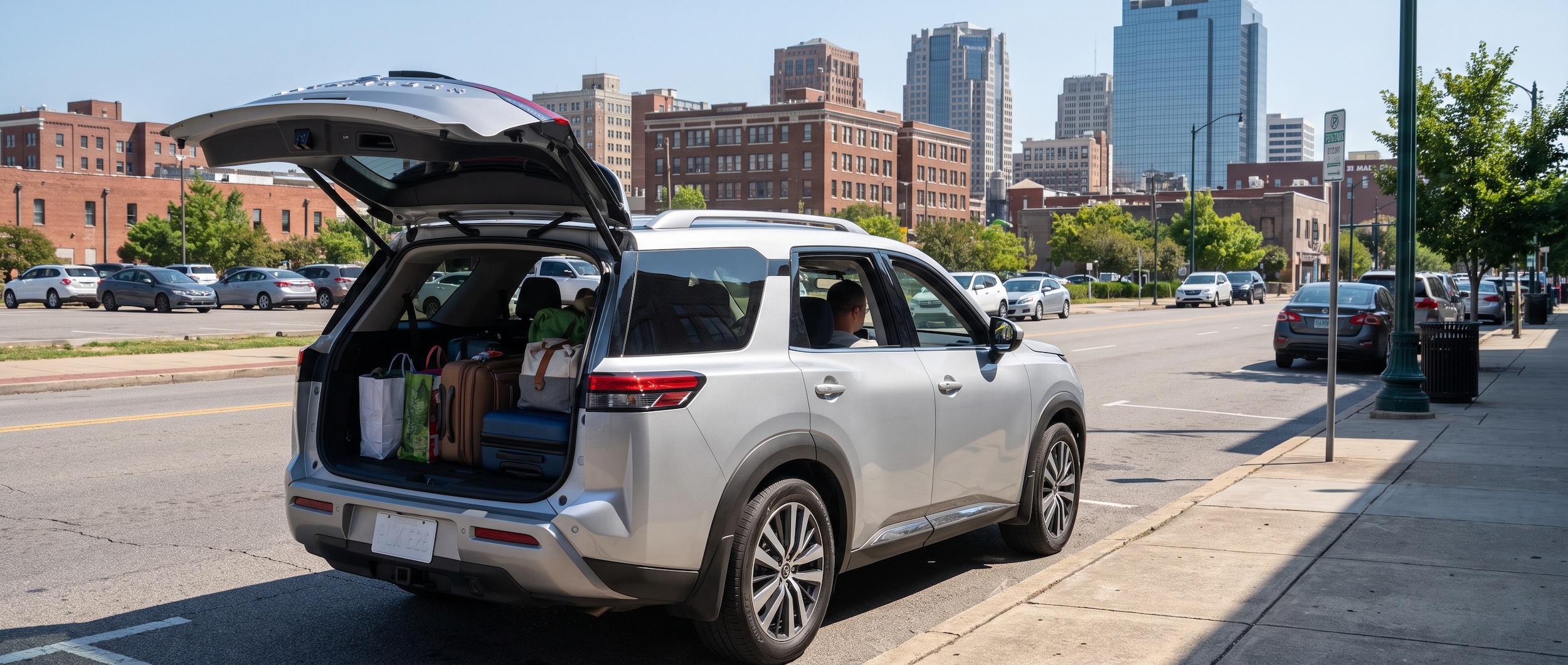 2026 Nissan Pathfinder with open liftgate loaded with luggage at Birmingham airport curbside pickup