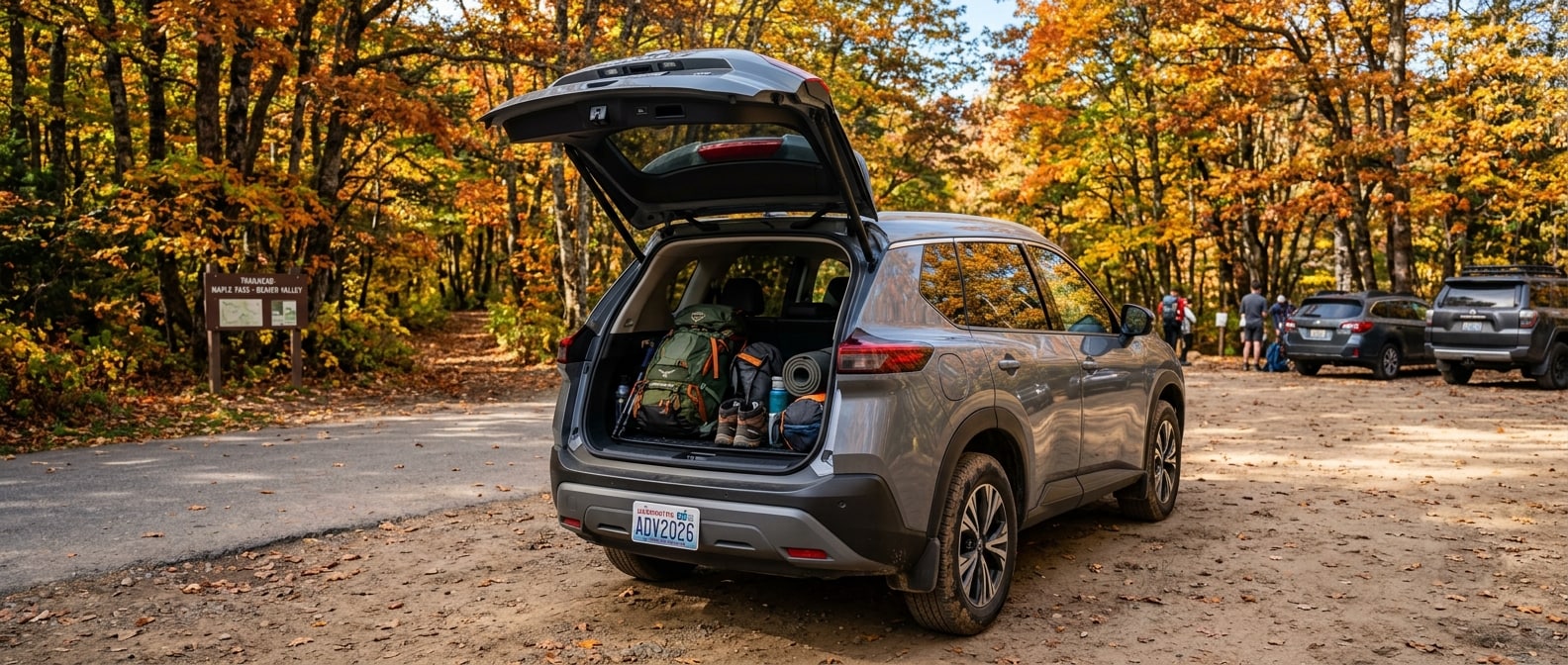 2026 Nissan Rogue cargo area packed with hiking gear at a fall trailhead in Birmingham, Alabama