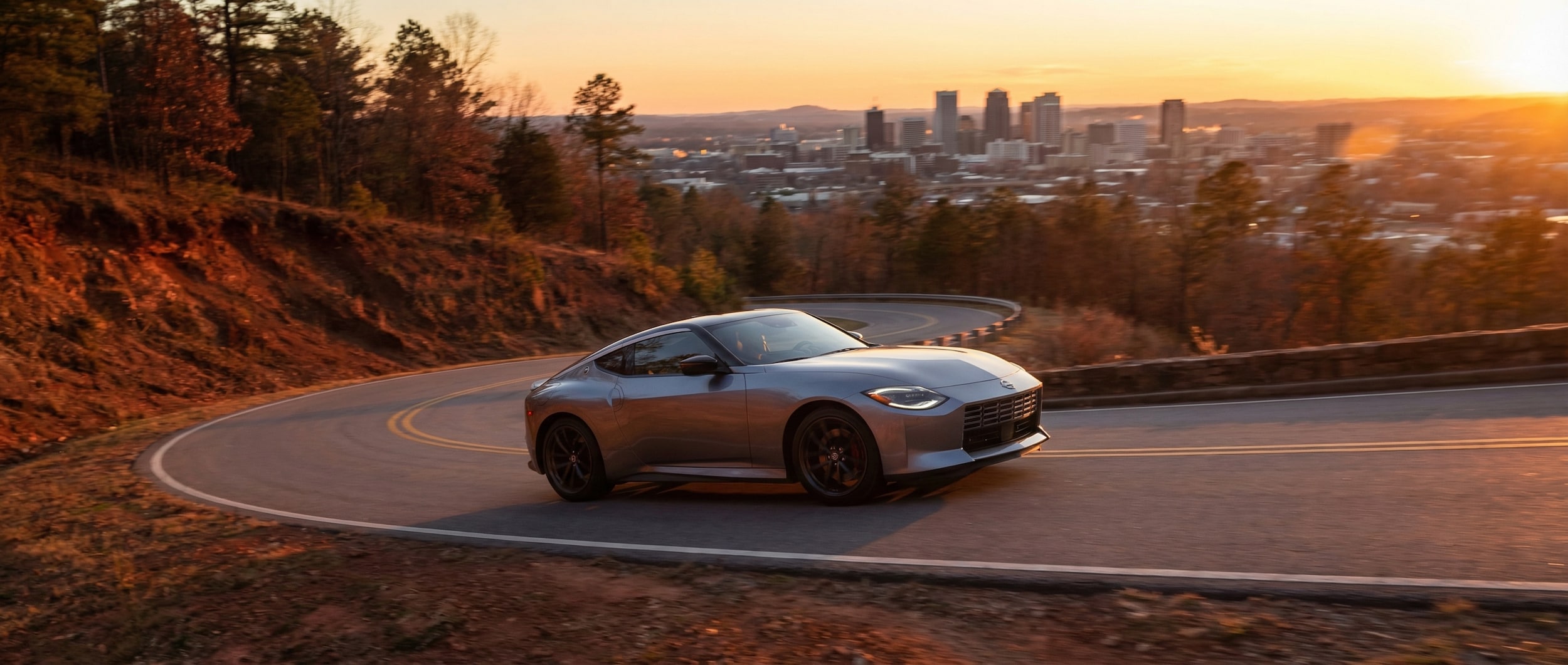 Nissan Z driving through Red Mountain scenic route Birmingham AL