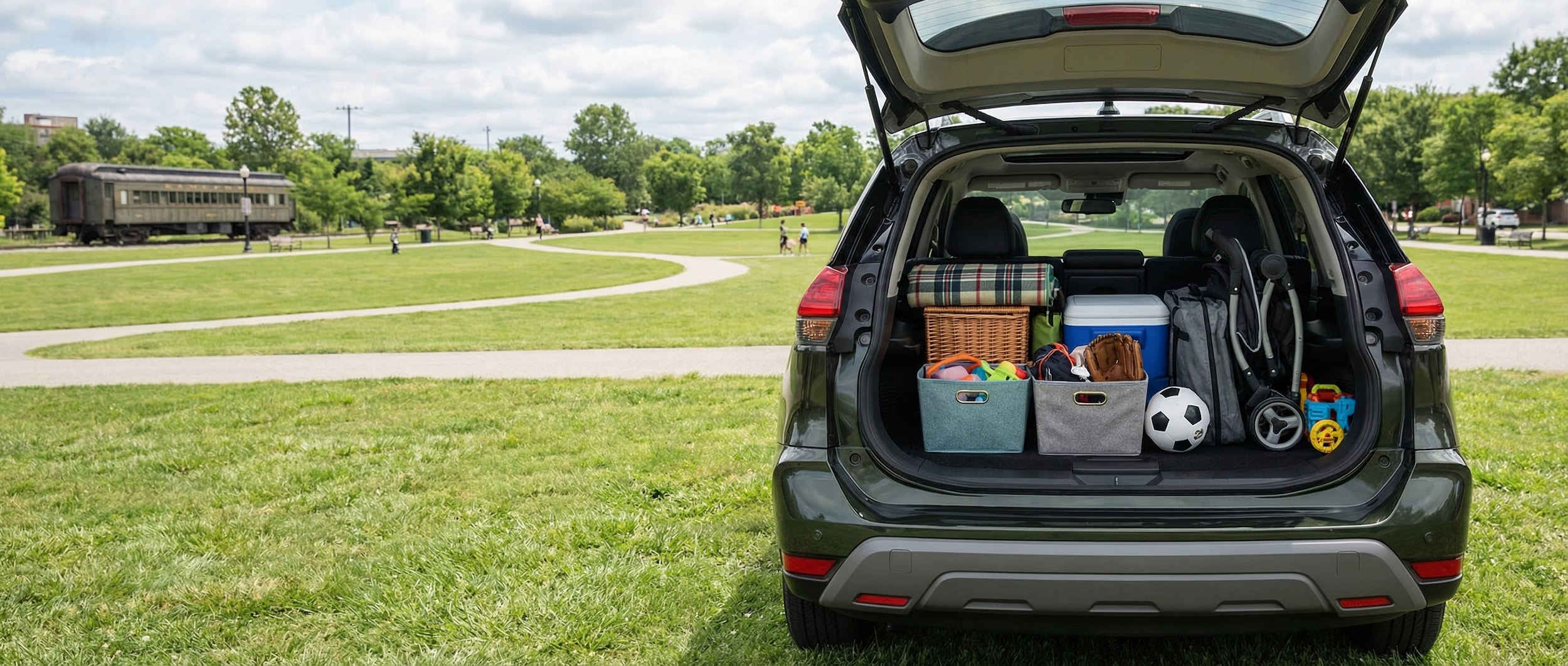 Nissan Rogue cargo organization for family activities at Railroad Park Birmingham AL