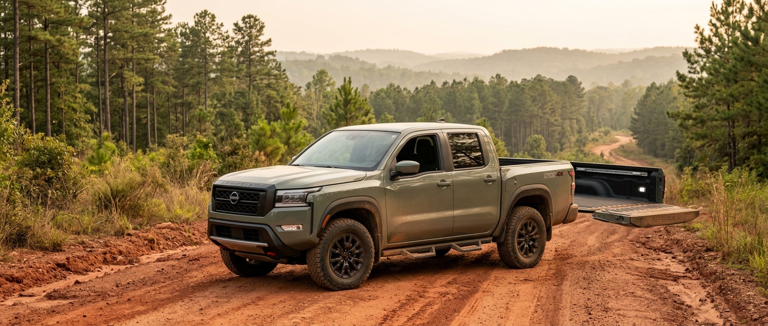 2026 Nissan Frontier Crew Cab on a red-clay Alabama back road in summer