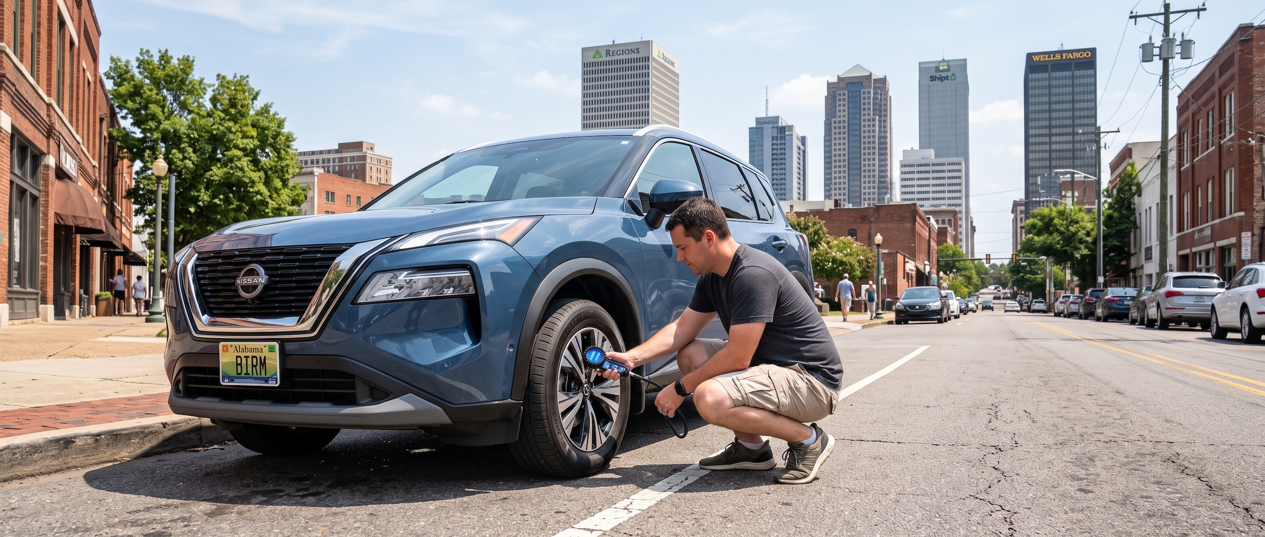 2026 Nissan Rogue driver checking tire pressure on a hot Birmingham summer day with downtown skyline in background