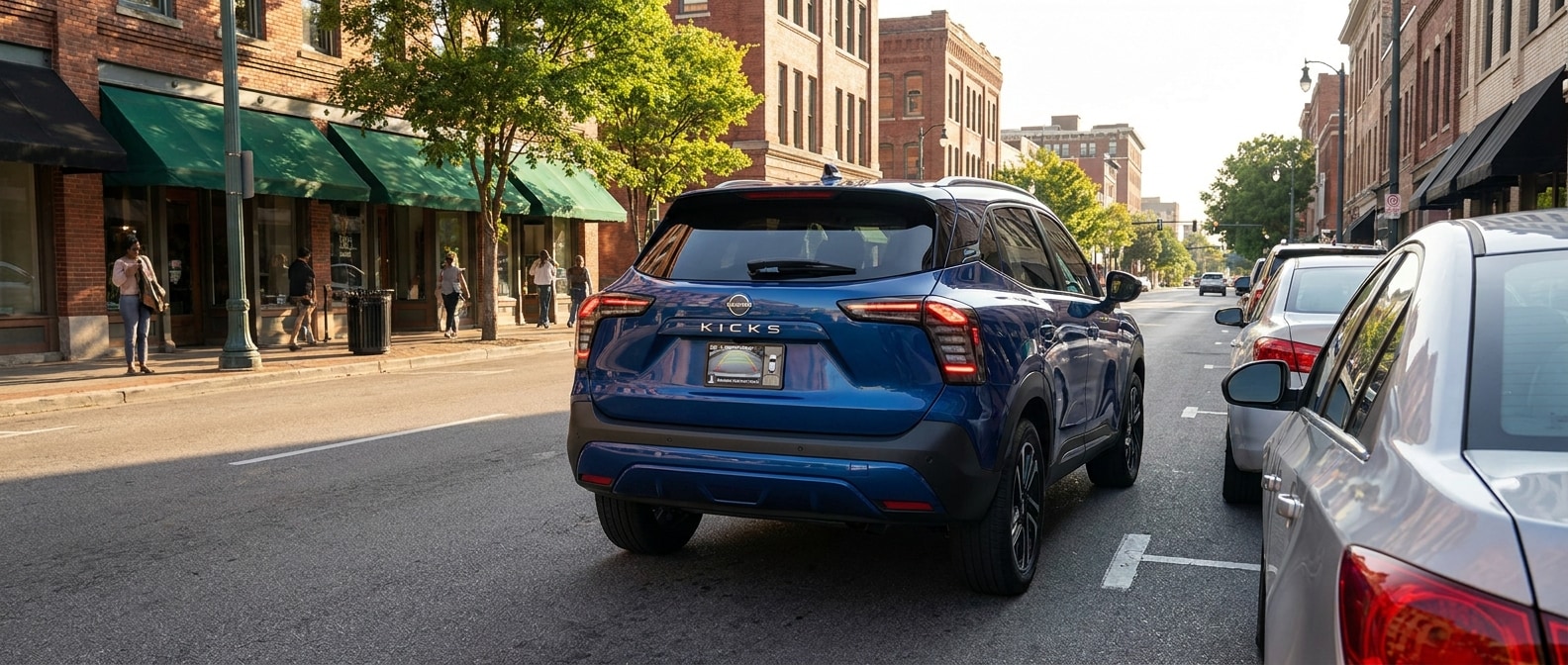 2026 Nissan Kicks parallel parking on a tight downtown Birmingham street using rear camera and sensors