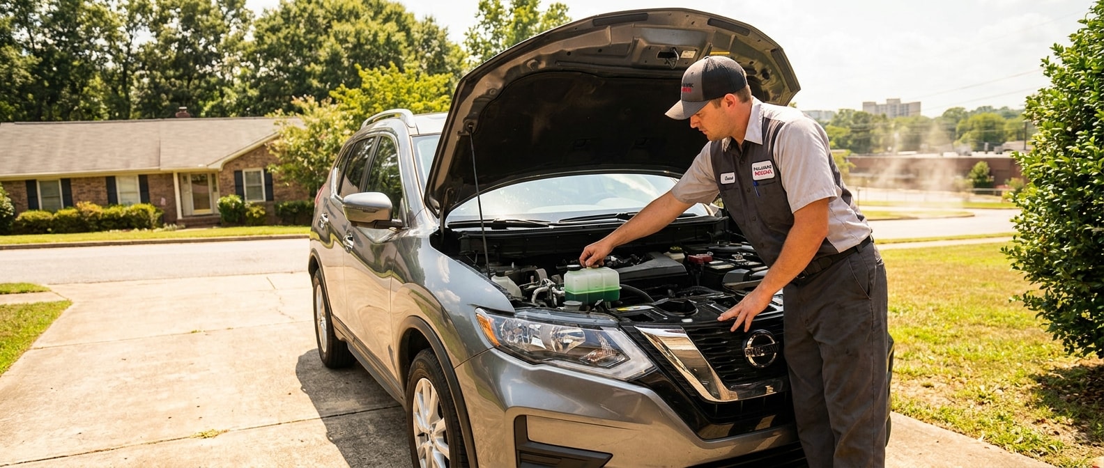 Nissan technician checking engine coolant reservoir in Birmingham Alabama August heat