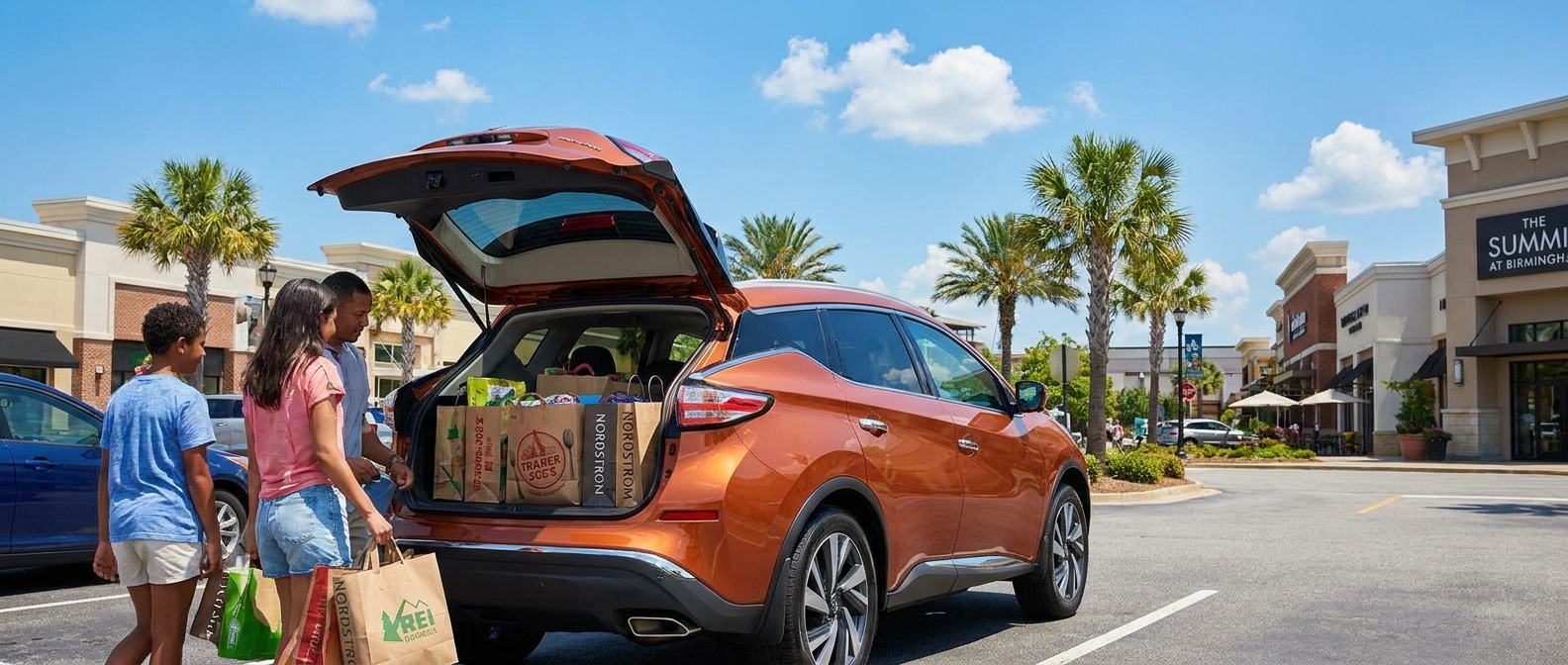 2026 Nissan Murano parked at an open-air shopping center in Birmingham, AL with cargo loaded on a summer day