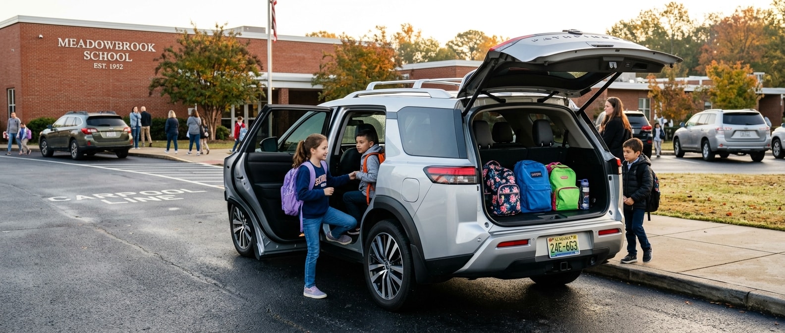 2026 Nissan Pathfinder with rear liftgate open outside a Birmingham school during morning carpool