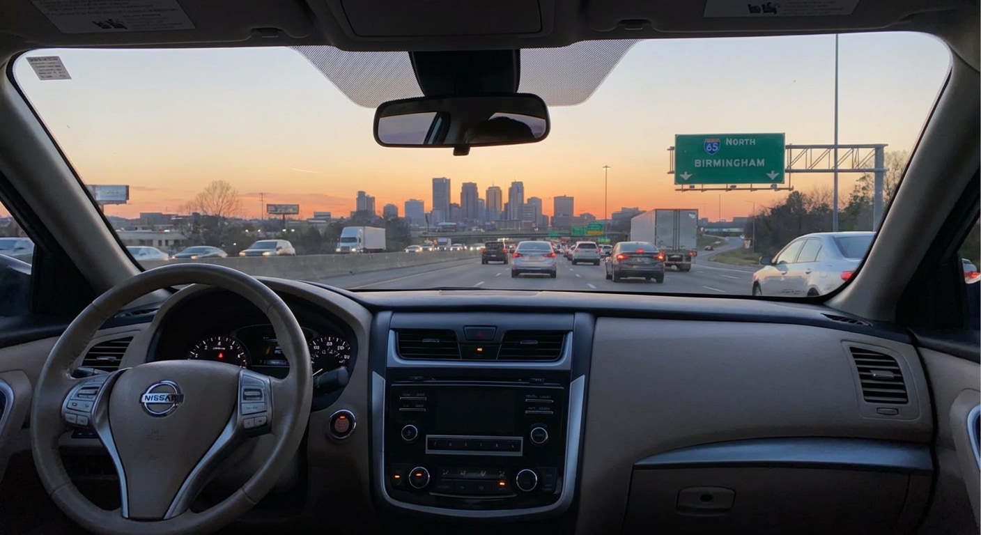 Nissan Rogue Pro PILOT Assist navigating I-65 traffic in Birmingham.
