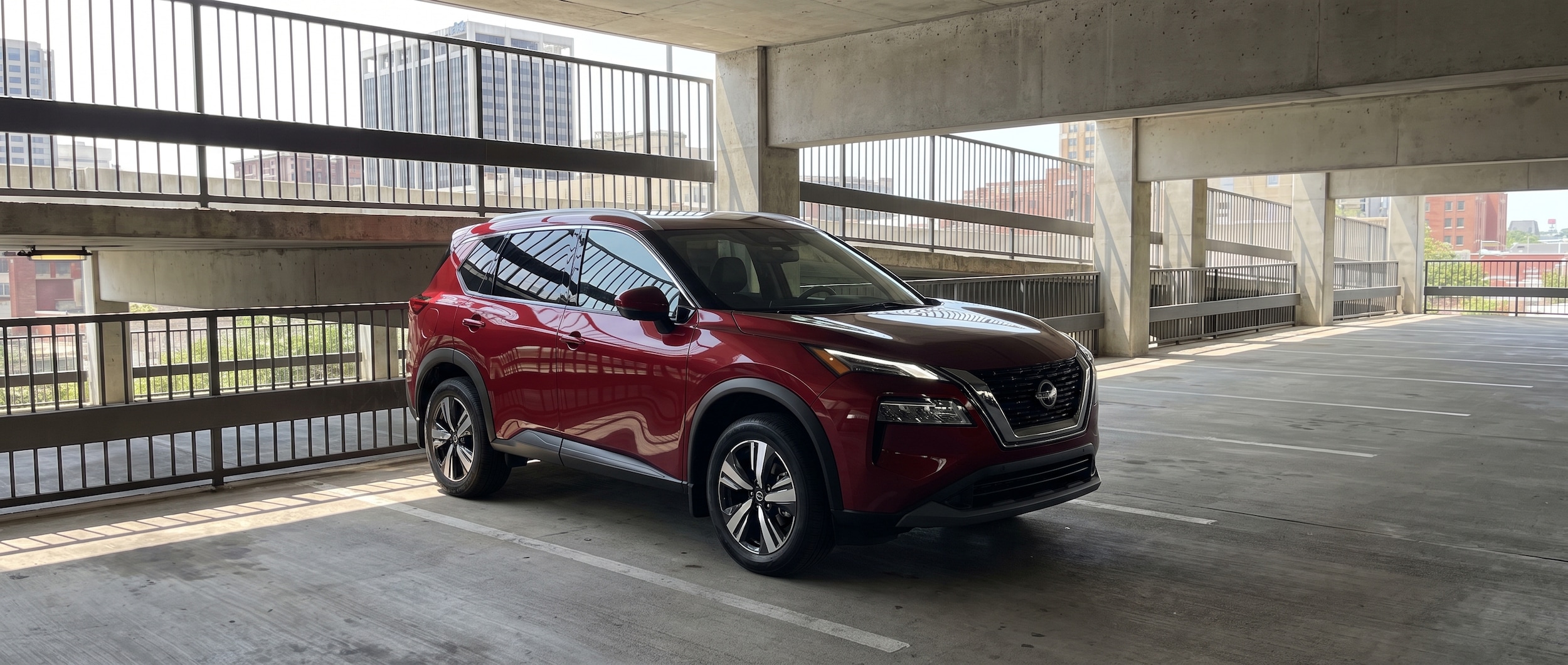 2026 Nissan Rogue in a covered parking deck in downtown Birmingham AL, shaded from summer sun