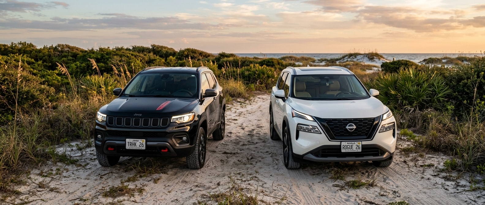 2026 Jeep Compass Trailhawk and 2026 Nissan Rogue side by side on a Florida Panhandle coastal road
