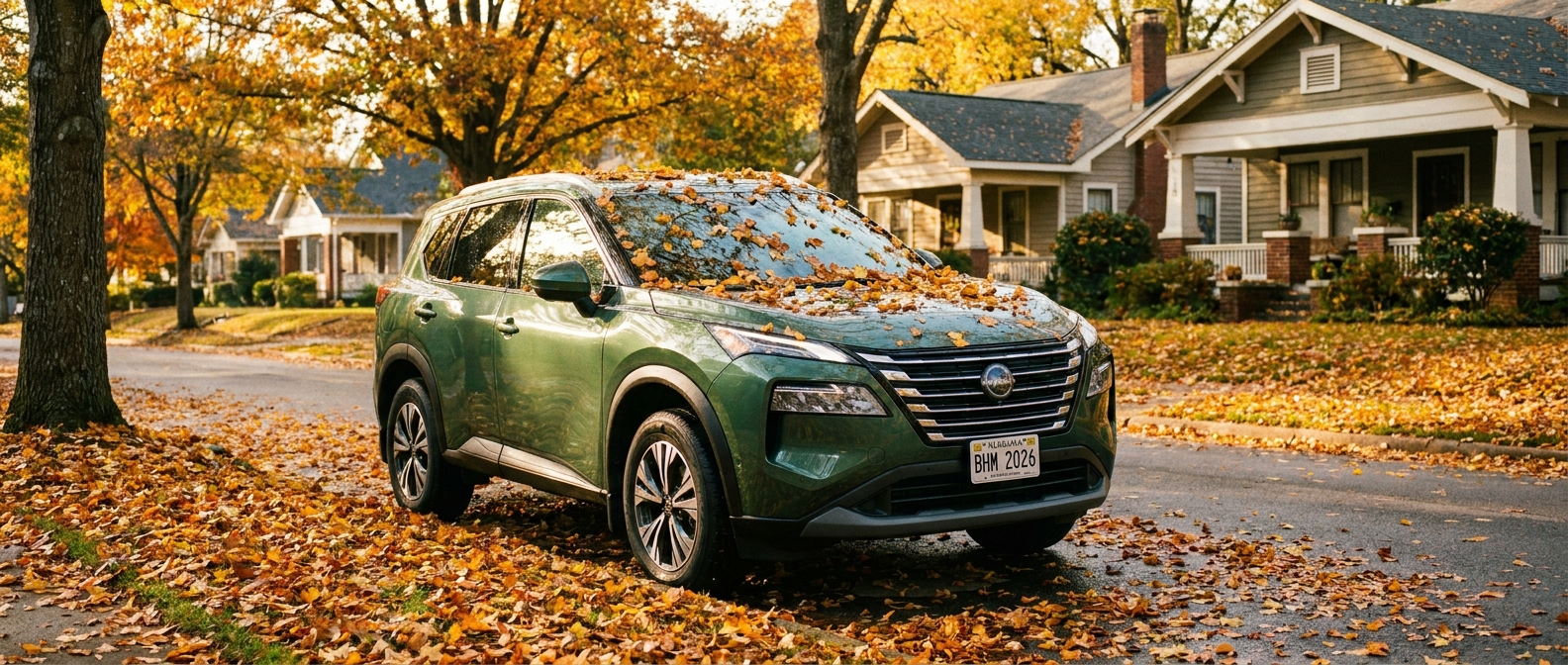 2026 Nissan Rogue parked on a leaf-covered Birmingham street in fall, amber leaves on hood and roof