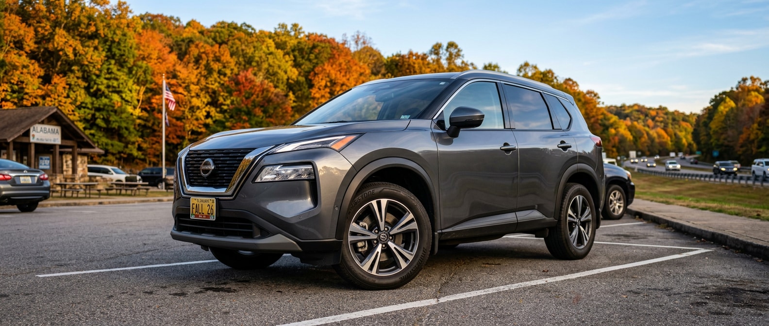 2026 Nissan Rogue at Alabama roadside stop showing front brake rotor and caliper before a fall road trip