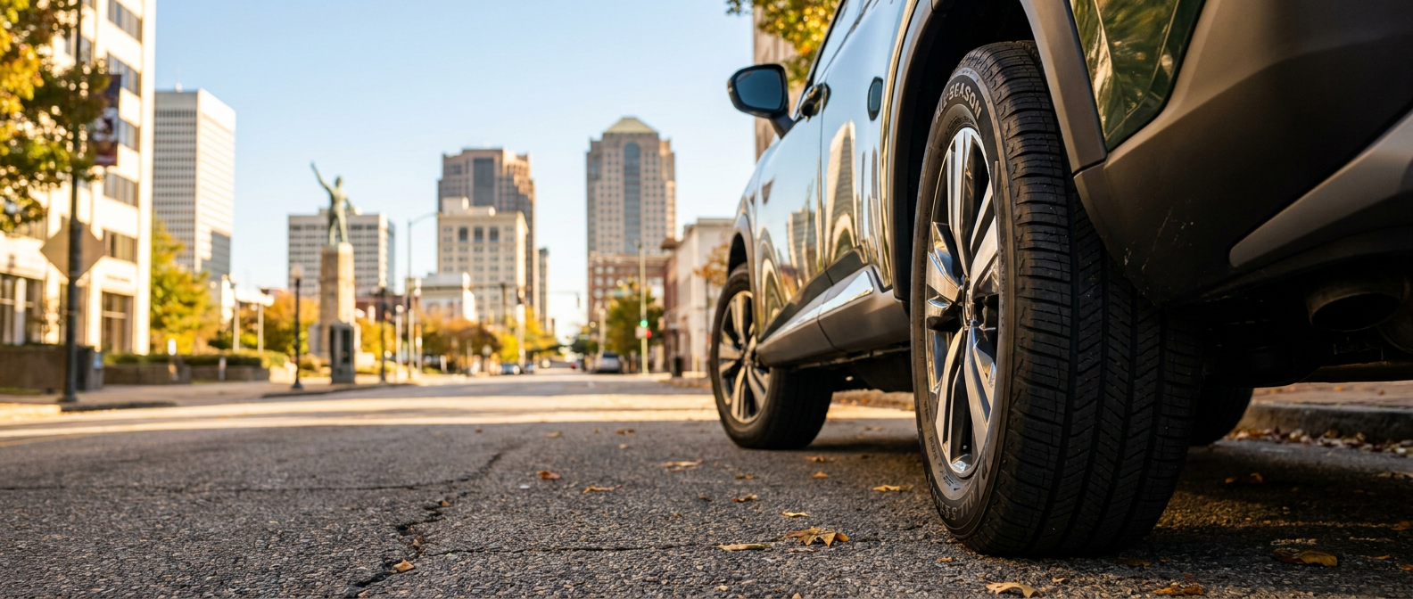 2026 Nissan Rogue tire tread close-up on a Birmingham street with the city skyline in the background