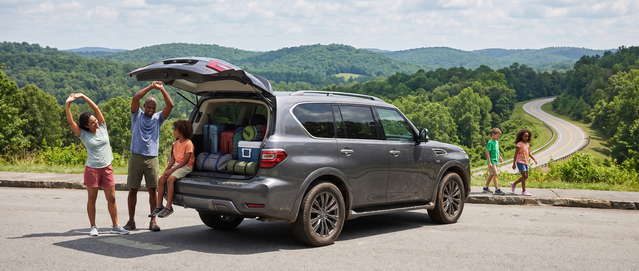 2026 Nissan Armada at an Alabama highway rest stop during a summer family road trip, liftgate open with luggage