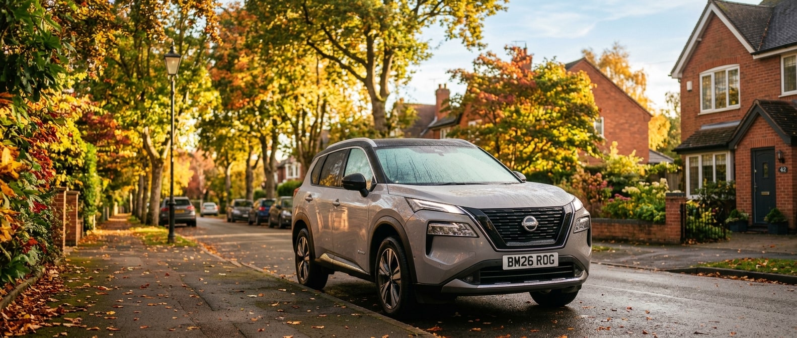 2026 Nissan Rogue on a Birmingham street in early fall with morning dew on the windshield