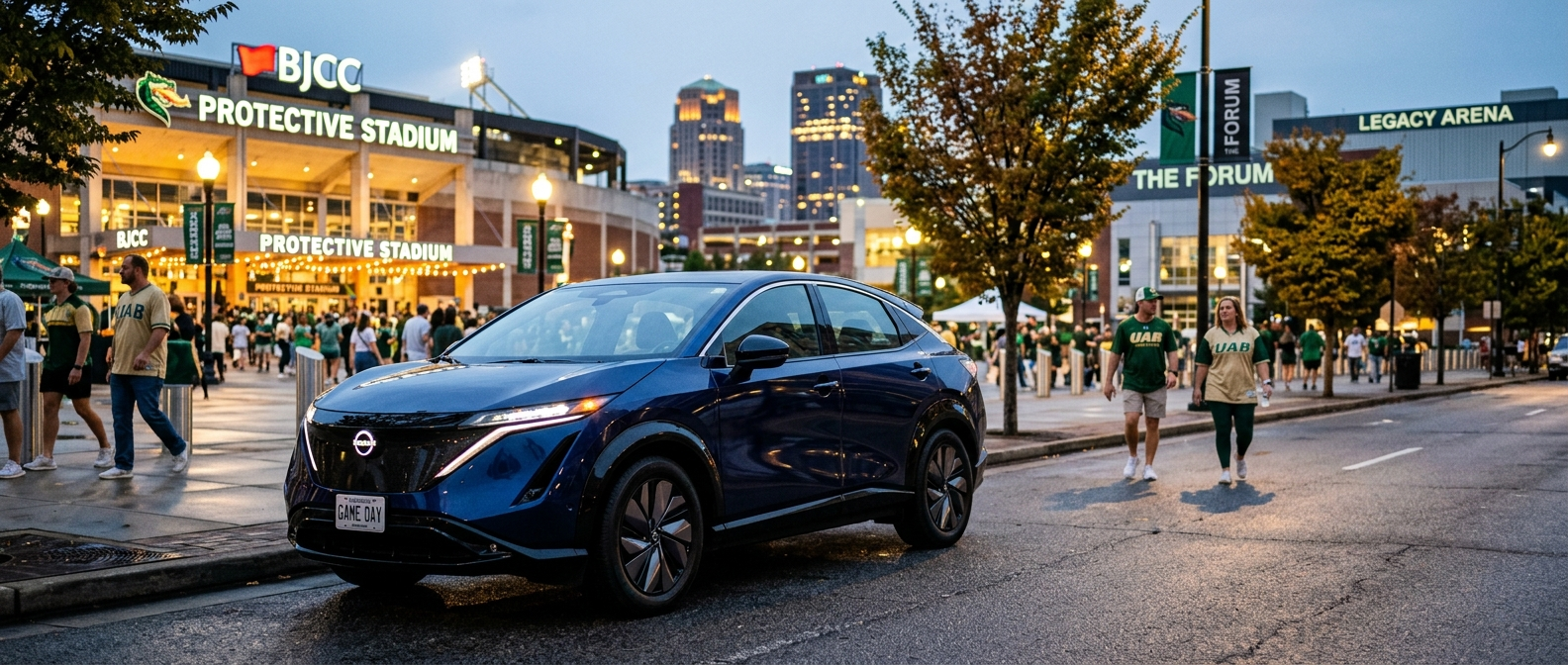 2025 Nissan Ariya parked near BJCC campus in Birmingham, AL for a football game night