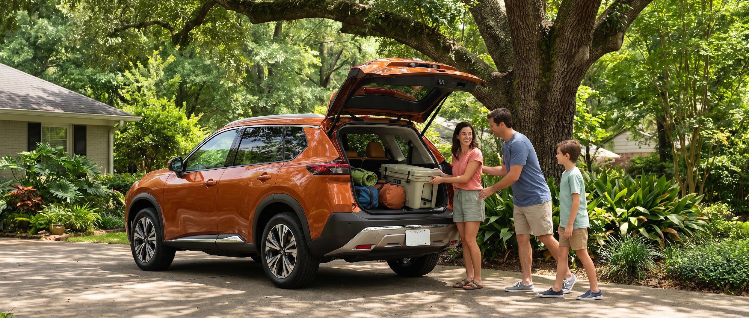 2026 Nissan Rogue rear cargo area open with family loading summer gear in Birmingham, Alabama