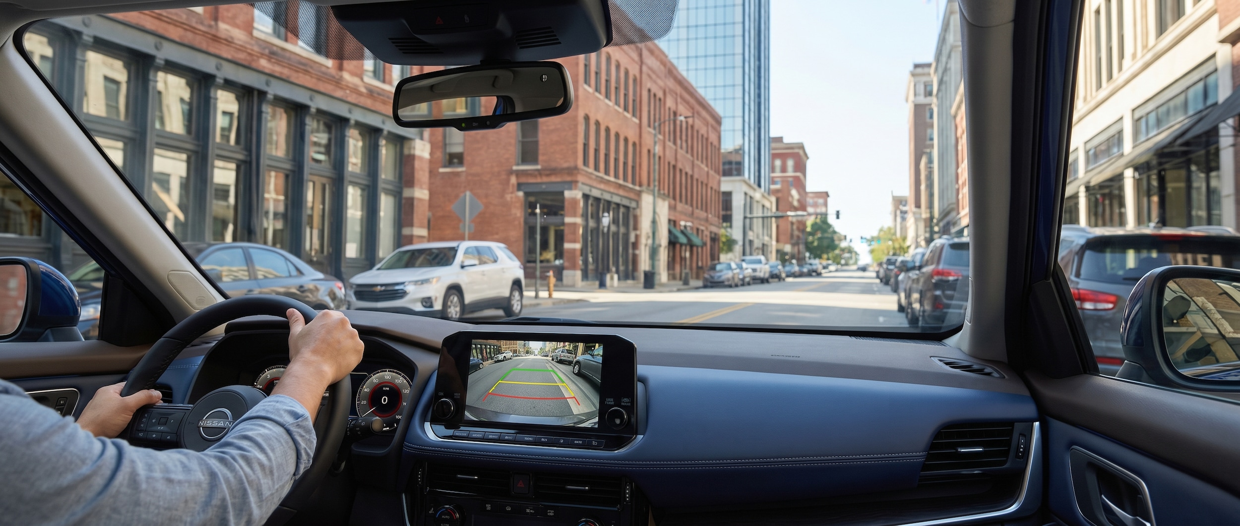 Nissan backup camera display for parallel parking in downtown Birmingham, AL