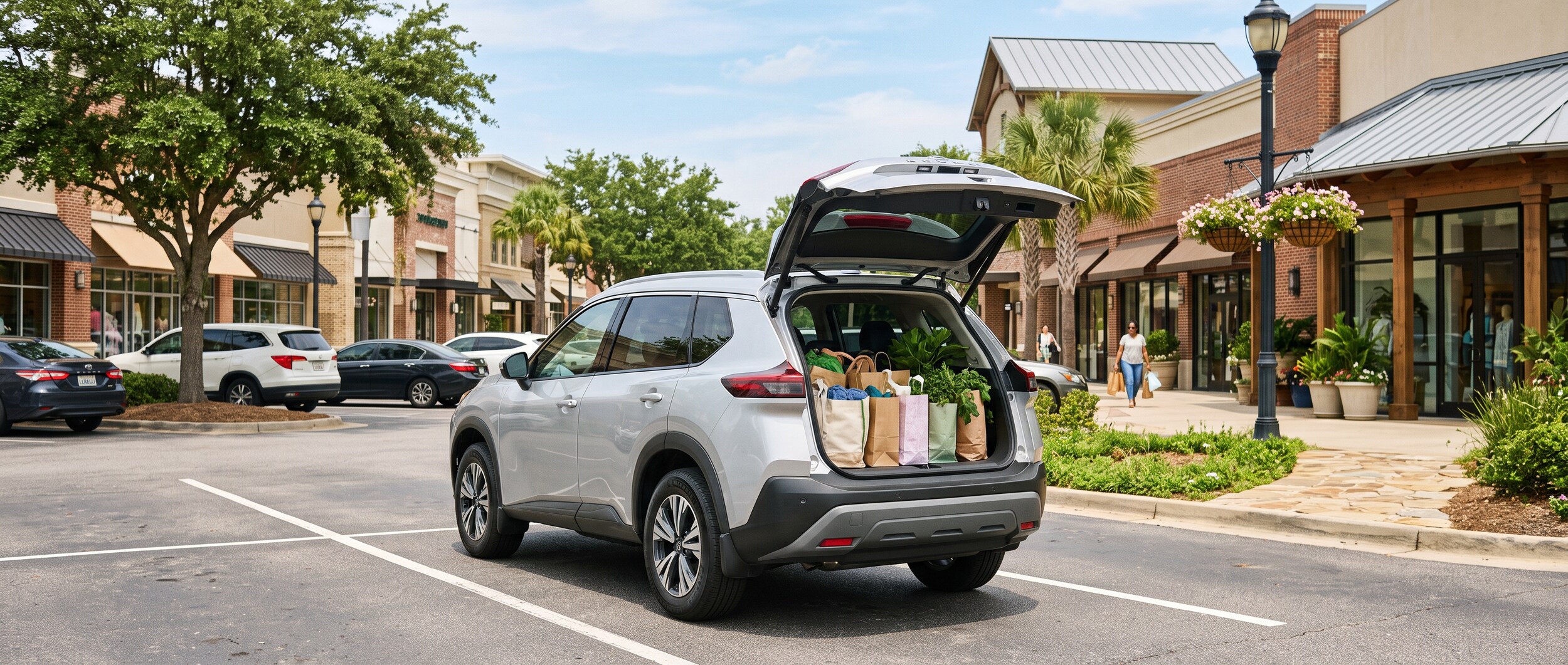 2026 Nissan Rogue with rear hatch open and shopping bags loaded at a lifestyle center parking lot in Birmingham, AL