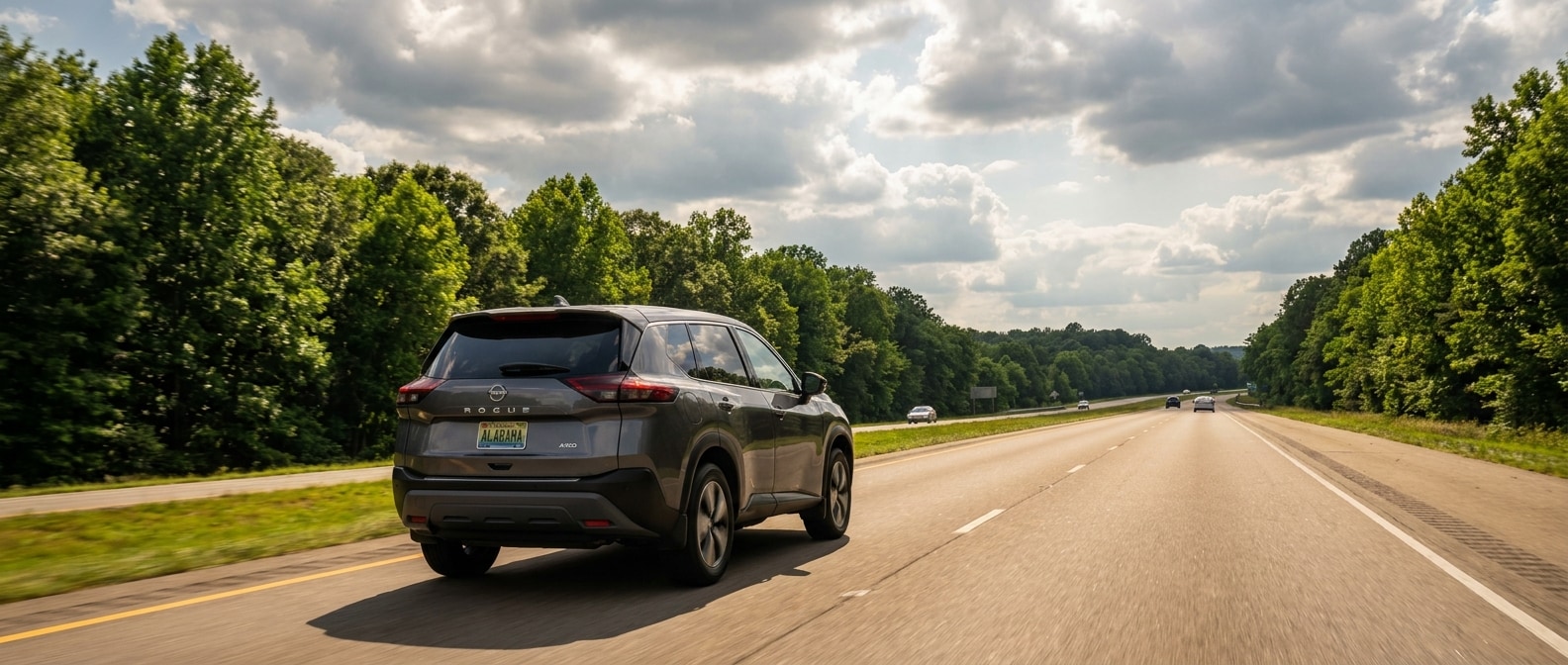 2026 Nissan Rogue AWD on a hilly Alabama interstate highway in summer