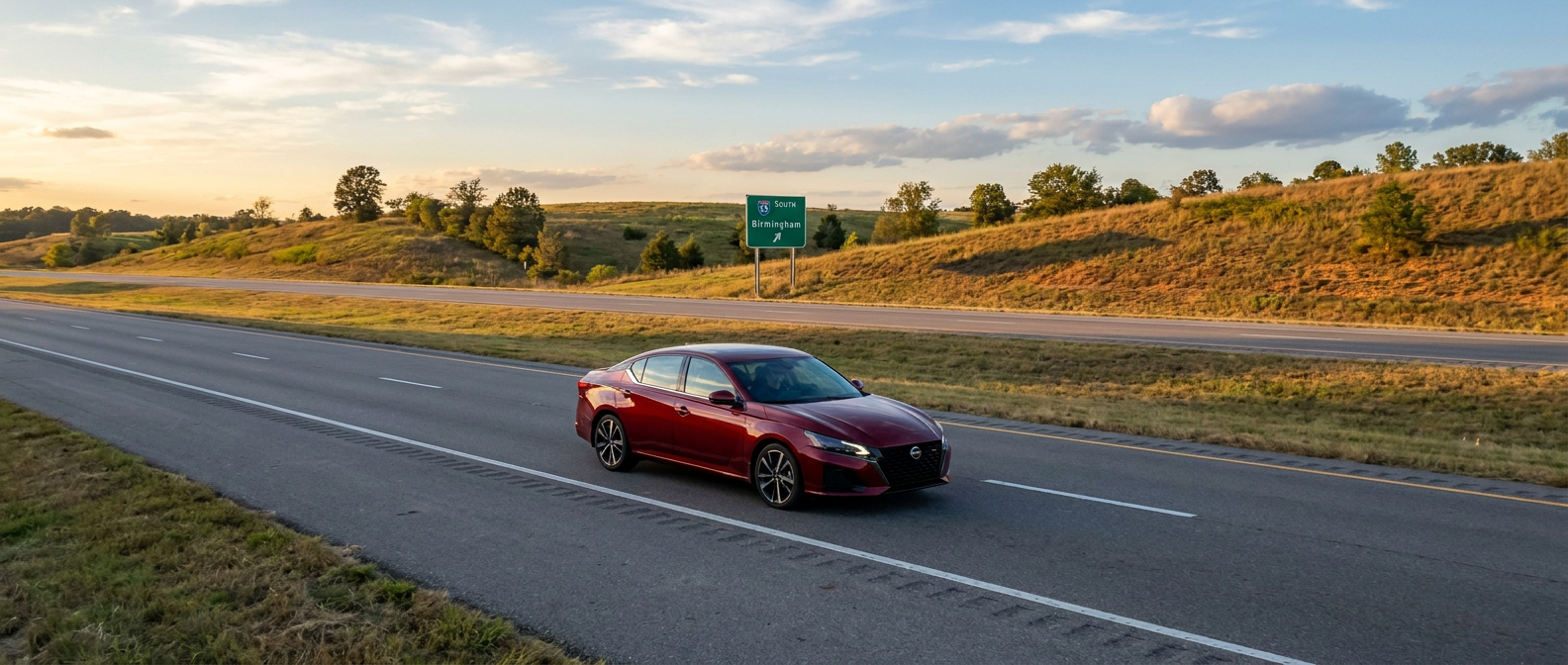 2026 Nissan Altima on I-20 highway between Birmingham and Tuscaloosa Alabama