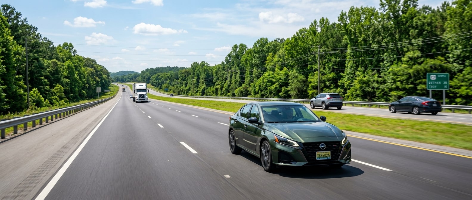 2026 Nissan Altima on Alabama highway driving Birmingham to Auburn