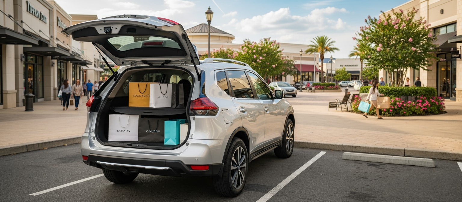 Nissan Rogue motion activated liftgate loading shopping bags in Birmingham.
