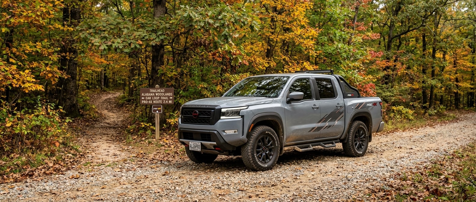 2026 Nissan Frontier PRO-4X on a gravel trail near Birmingham, Alabama in October