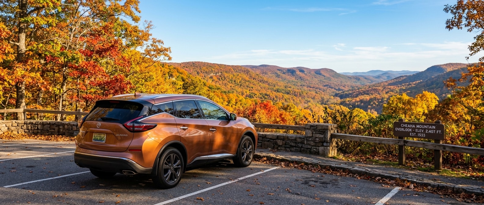 2026 Nissan Murano at a fall foliage overlook in Alabama's Talladega National Forest