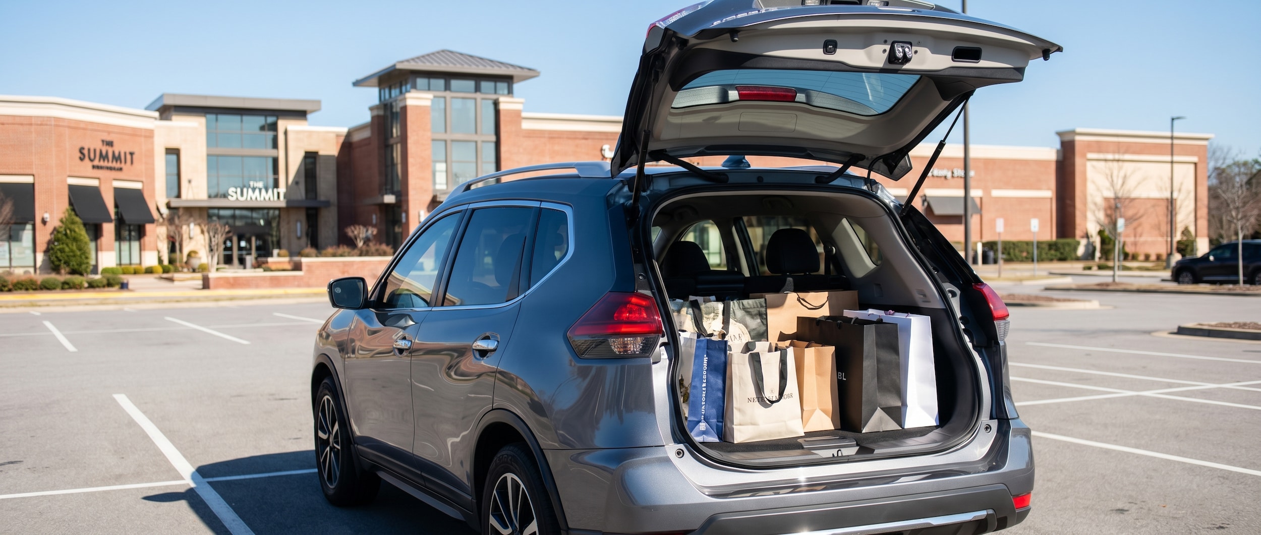 Nissan Rogue cargo area loaded with shopping bags at The Summit Birmingham, AL