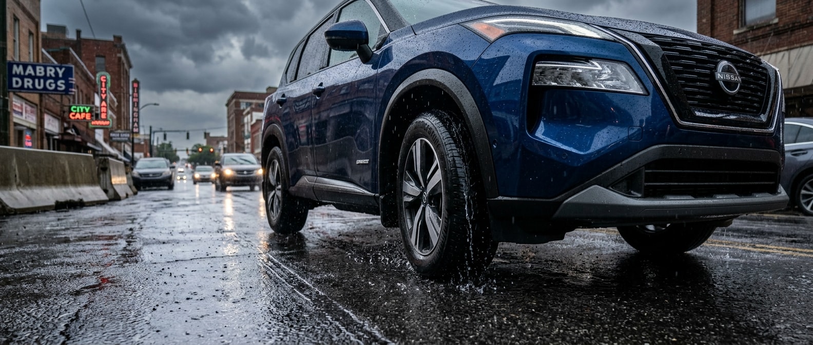 2026 Nissan Rogue on a wet Birmingham street showing tire tread in rain