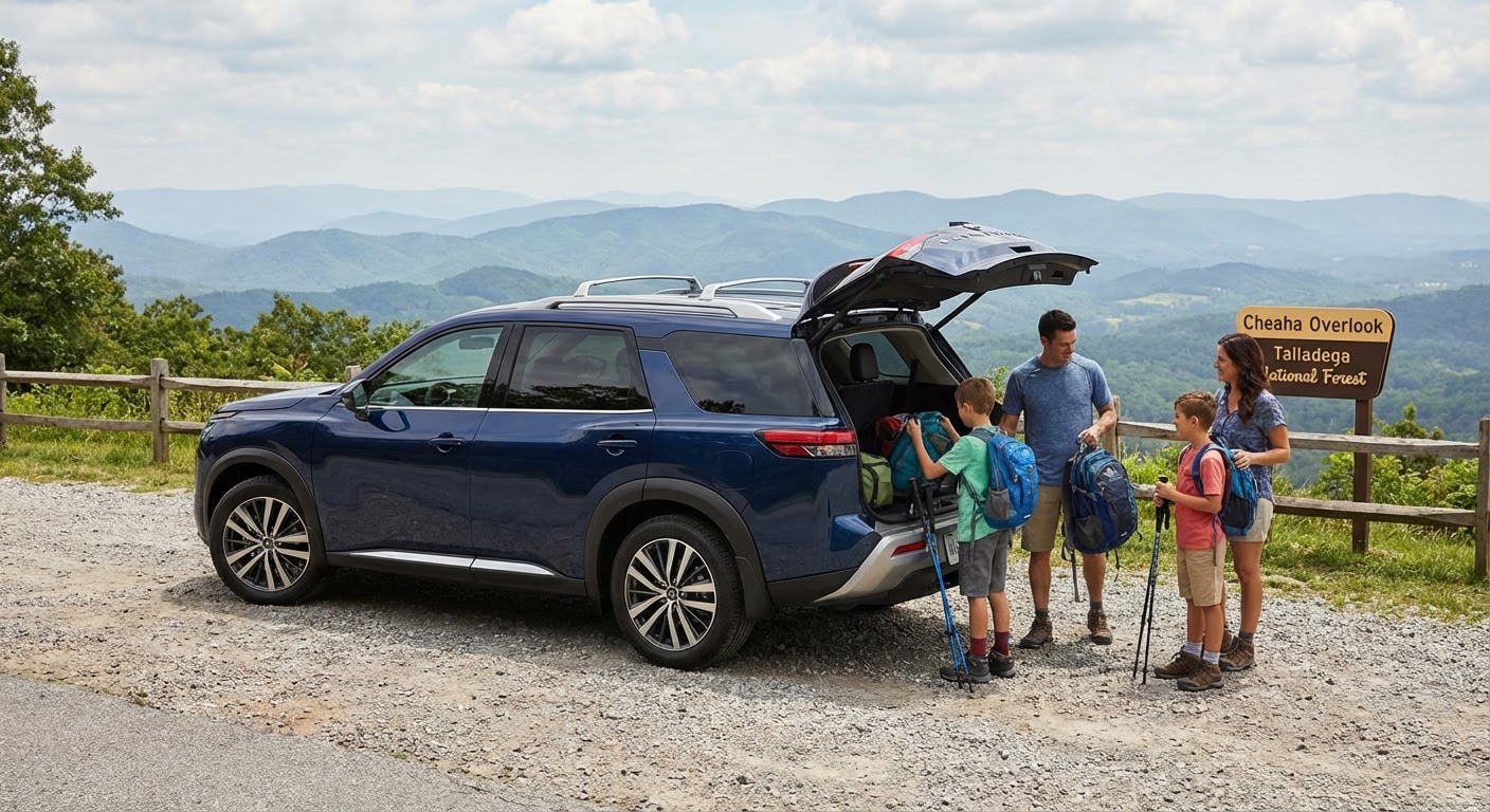 Nissan Pathfinder 4x4 with motion-activated liftgate open at Cheaha State Park near Birmingham.