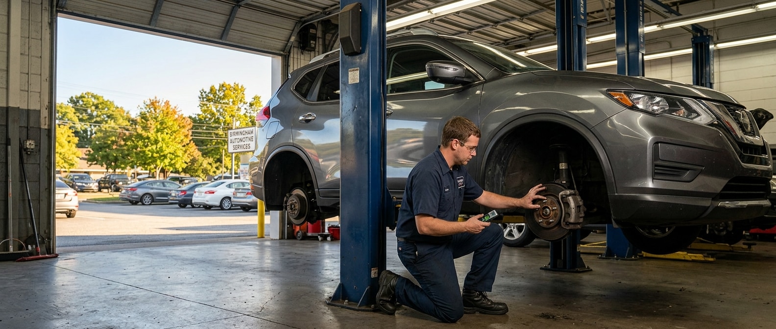 DescripTechnician checking tire tread depth on a Nissan Rogue at a Birmingham, AL service bay in September 2026tion