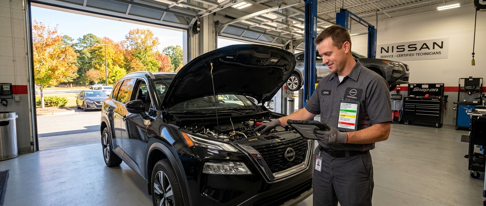 Nissan technician reviewing a fall multi-point inspection report next to a 2026 Nissan Rogue at Hallmark Nissan in Birmingham, AL