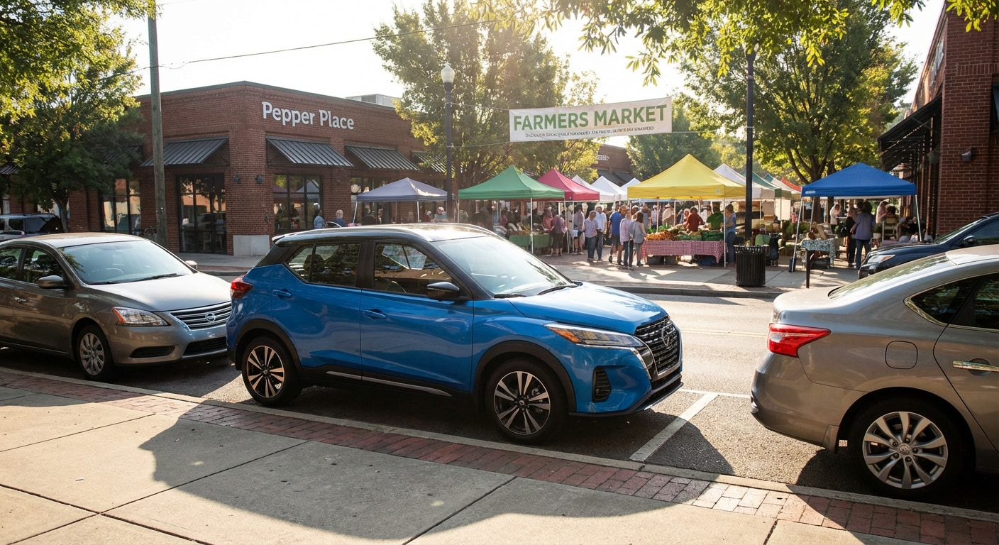 Nissan Kicks Intelligent Around View Monitor assisting with parking in downtown Birmingham AL.