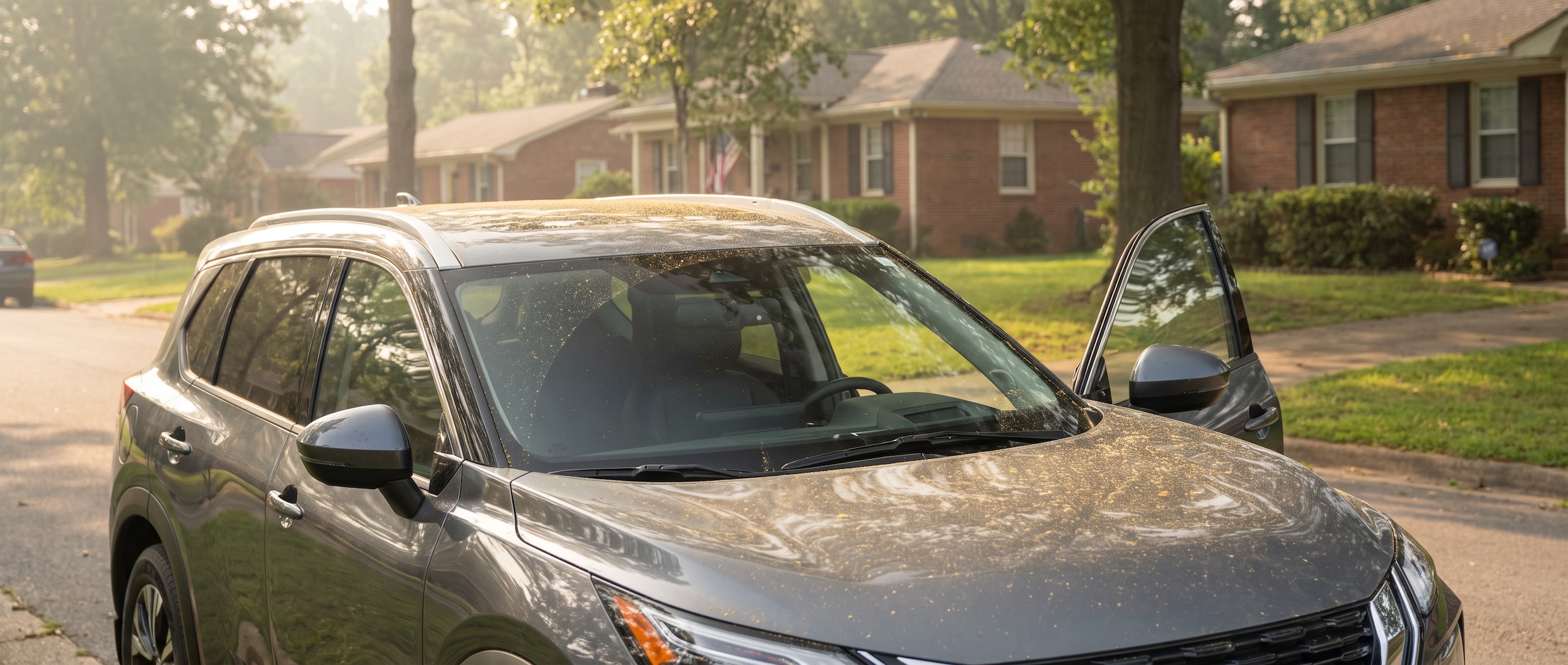 2026 Nissan Rogue in Birmingham, AL with pollen on hood, illustrating the need for cabin air filter replacement in summer heat