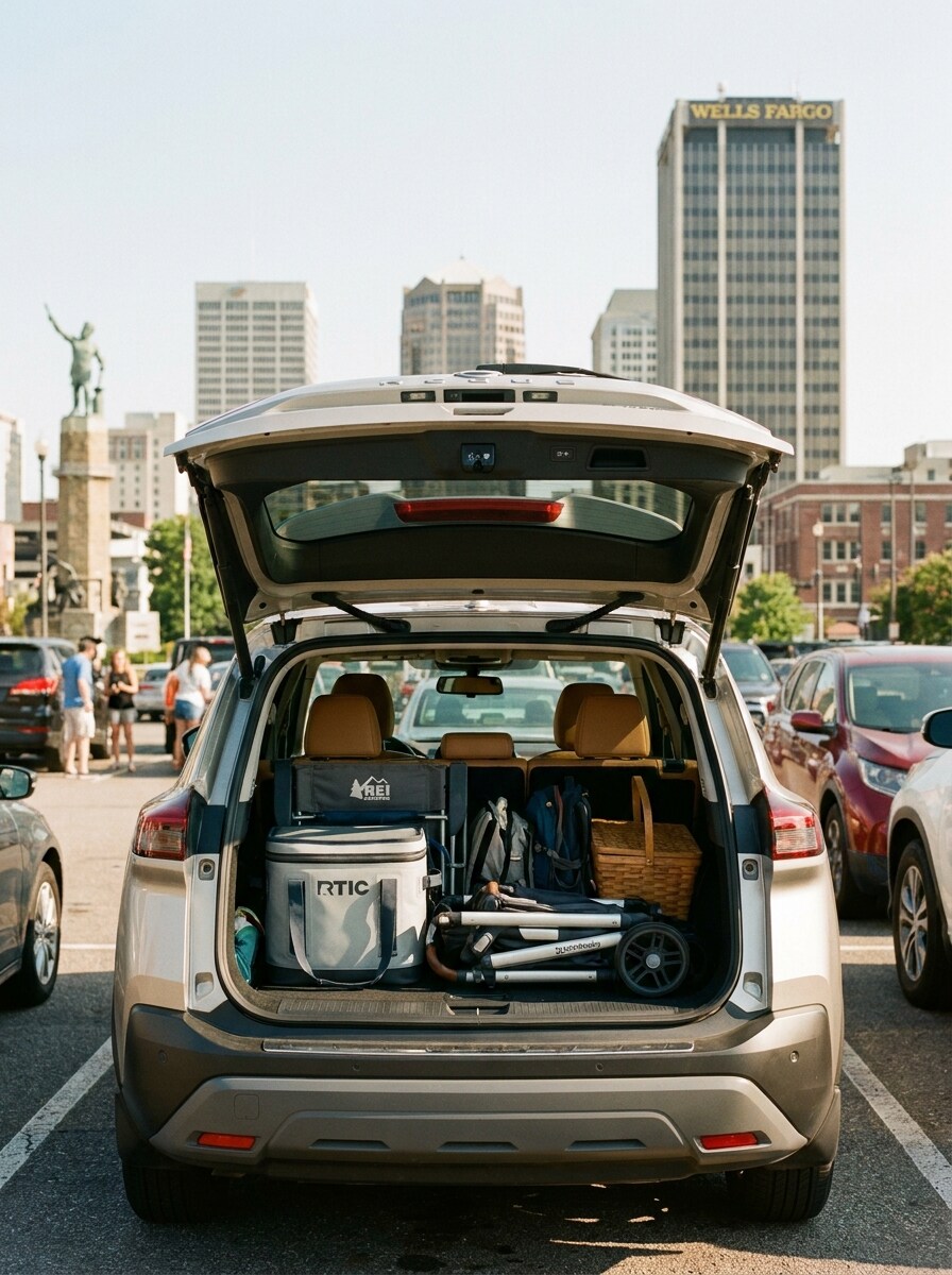 2026 Nissan Rogue with open tailgate loaded with family gear for a Railroad Park day in Birmingham, AL