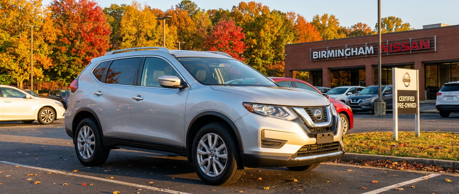 2020 Nissan Rogue silver SUV parked at a Birmingham dealership lot in autumn
